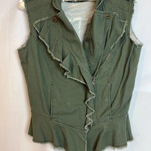 William Rast Green Sleeveless Vest Sz S Ruffles Front  Zip Soft Denim-like Feel